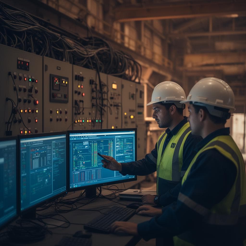 Ingenieros revisando un sistema SCADA en una sala de control industrial